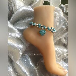 Turquoise  Cross Twisted Bead Ankle Bracelet in Silvertone